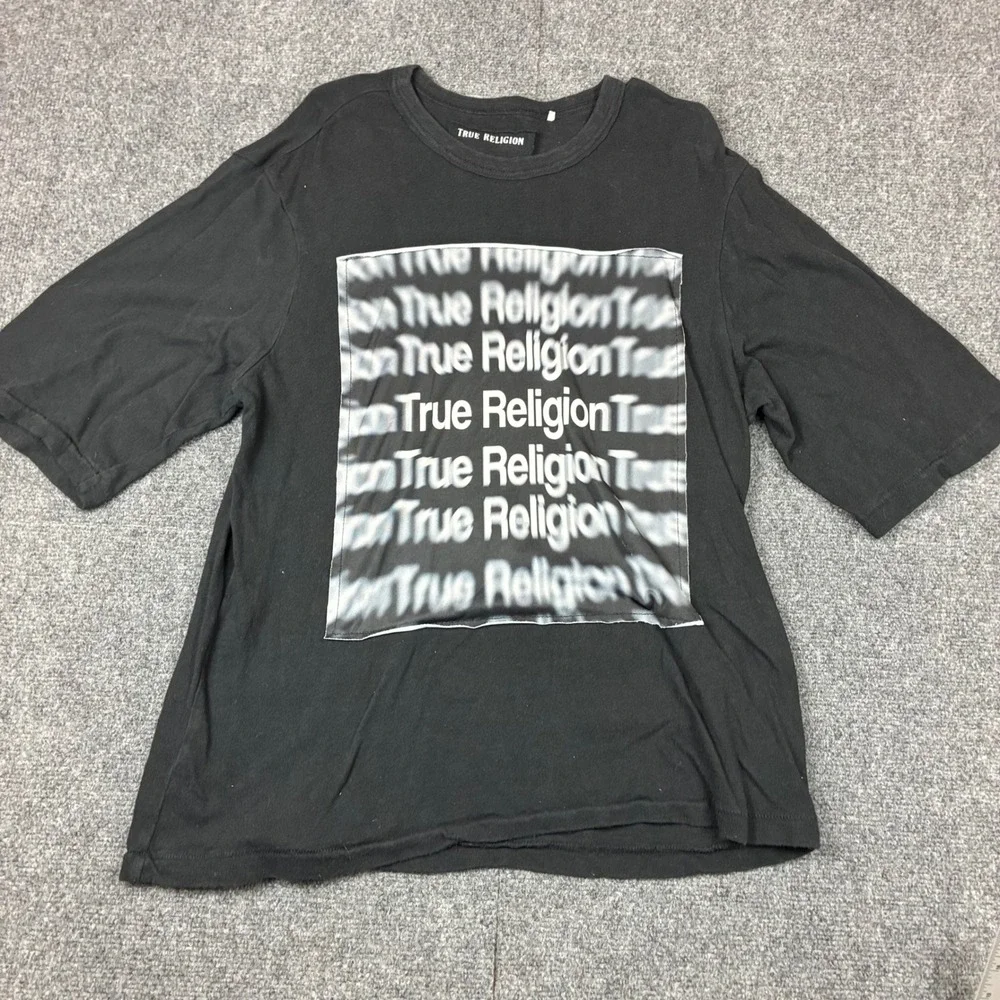 True Religion Mens Size Medium Black Blurred Logo Graphic Crewneck T-Shirt